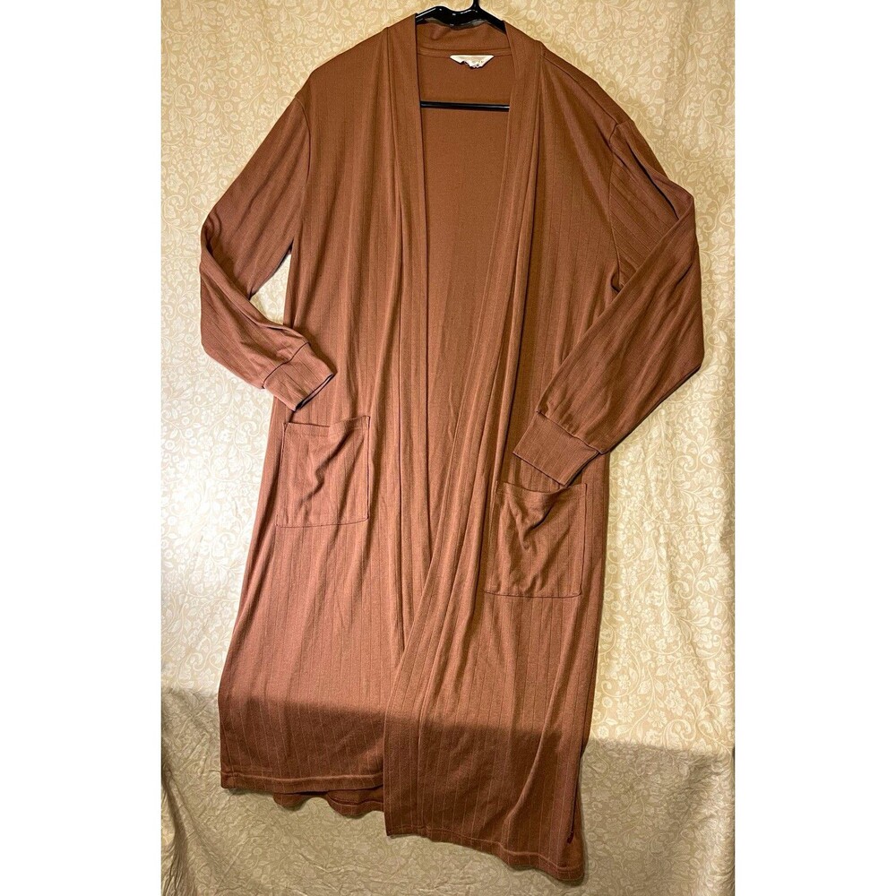 Danskin Women's M Brown Solid Knit Open Front Long Sleeve Cardigan Pockets
